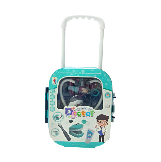 صورة مجموعة ألعاب الطبيب للأطفال أدوات طبية تظاهرية مثل سماعة الطبيب، وحقنة، وزجاجات دواء، وأدوات أسنان (فرشاة أسنان،